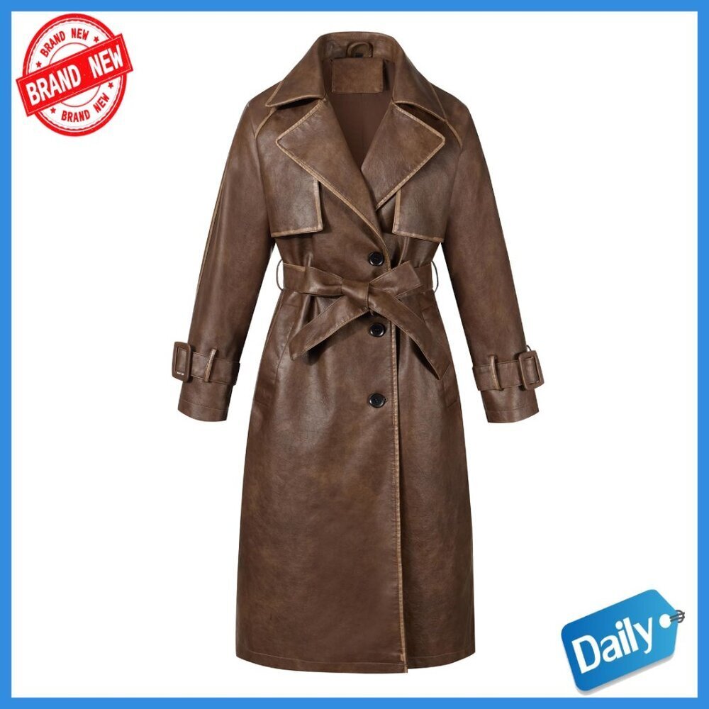Oversized Faux Leather Trench Coat with Belt Classic Lapel Long Loose Jacket